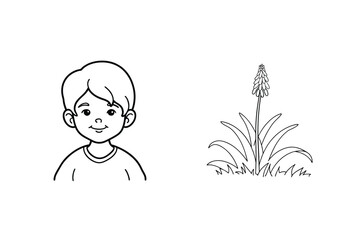 Cute Boy And Flower Clipart Black And White Simple Line Art Illustration
