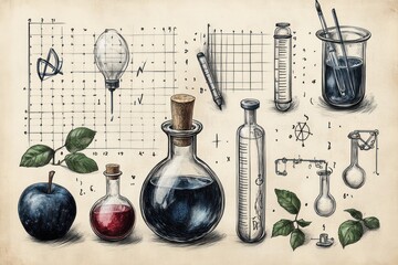 Whimsical Back to School Illustration Sketch Doodles of School Supplies and Scientific Symbols