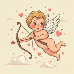A charming illustration of Cupid, a chubby, light-haired baby angel, is depicted in mid-flight, holding a bow and arrow.