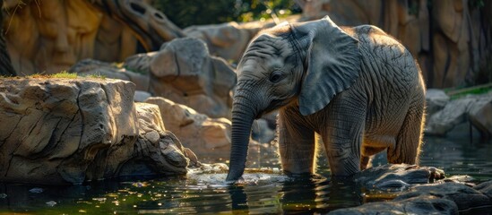 Fototapeta premium Gentle giant refreshment, baby elephant drinking water in the serene lake