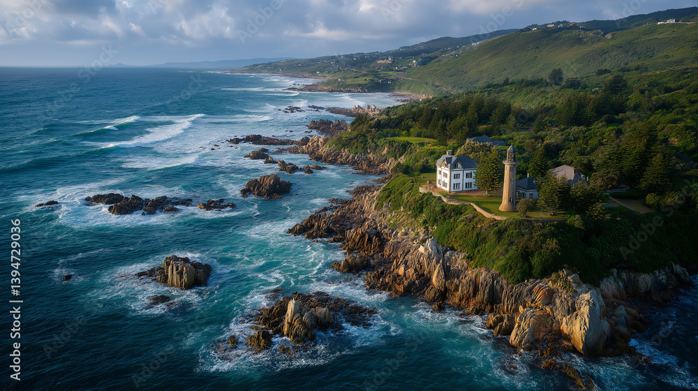 Poster sunset over a rocky coastline, with waves crashing dramatically, casting shadows on a quaint lightho