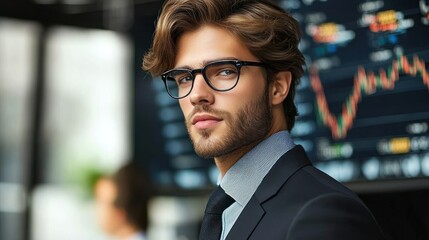 Fototapeta premium Business man with glasses in front of stock market graph display screen