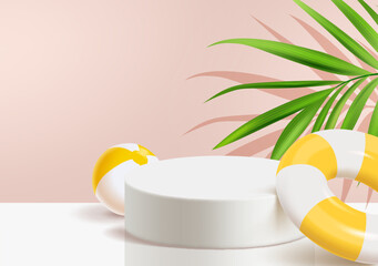 3d summer tube ad banner. Illustration of product display on round podium at hot beach sand, ideal for product display or any seasonal products