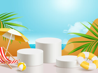 3d summer tube ad banner. Illustration of product display on round podium at hot beach sand, ideal for product display or any seasonal products