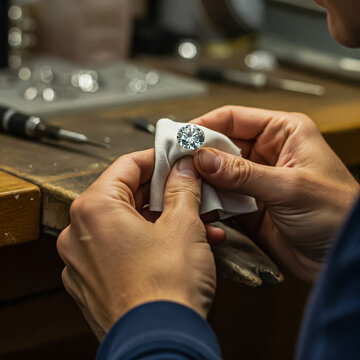 Close-up view of a jeweler's hands meticulously cleaning a brilliant-cut diamond with a soft cloth.