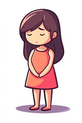 A sad cartoon girl in a coral dress.