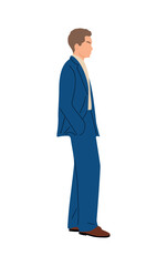 Young business man wearing formal blue suit standing side view. Handsome guy in office outfit. Cartoon male character hand drawn flat Vector illustration isolated on white background.