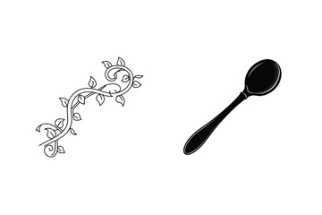 Isolated Spoon Silhouette And Vine Branch With Leaves Minimalist Design