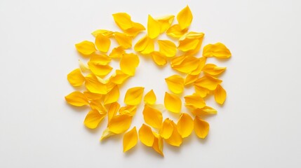 A sun created from sunflower petals, arranged in a yellow circle on a plain white background.