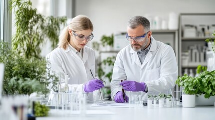 Two scientists in white lab coats examining plant samples in a modern laboratory, wearing safety glasses and gloves, and focused on research.