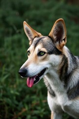 there is a dog that is standing in the grass with its tongue out