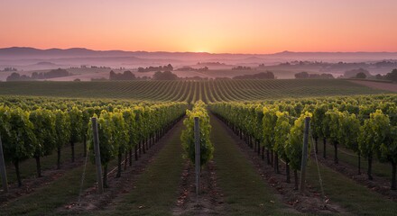 Fototapeta premium Vineyard Sunrise Rolling Hills Grapevines Wine Country Landscape