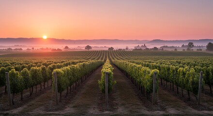 Fototapeta premium Vineyard Sunrise Rows of Grapevines at Dawn