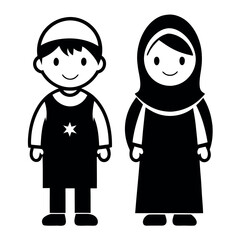 Cute Cartoon Muslim Children in Traditional Attire