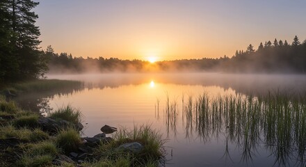 Obraz premium Misty Sunrise Lake Calm Water Golden Hour Nature Scene
