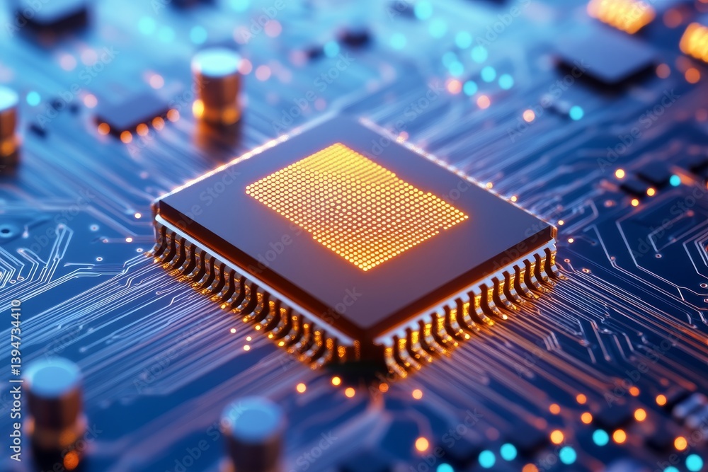 Poster advanced microprocessor technology - close-up view of a modern microprocessor on a circuit board, sh