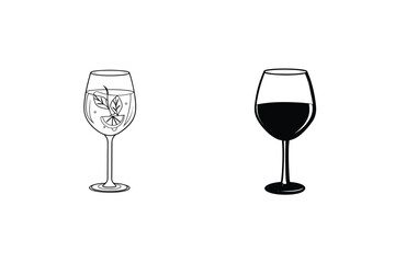 Two Hand Drawn Wine Glasses With Wine And Cocktail Outline Illustration