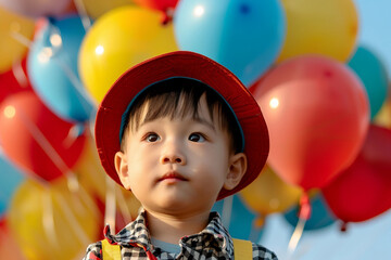 Smiling Young child Wearing a Colorful clothes Surrounded by Vibrant Balloons at a Joyful Festival Celebration, Generative AI