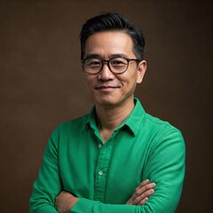 Obraz premium Smiling man in green shirt and glasses standing with arms crossed
