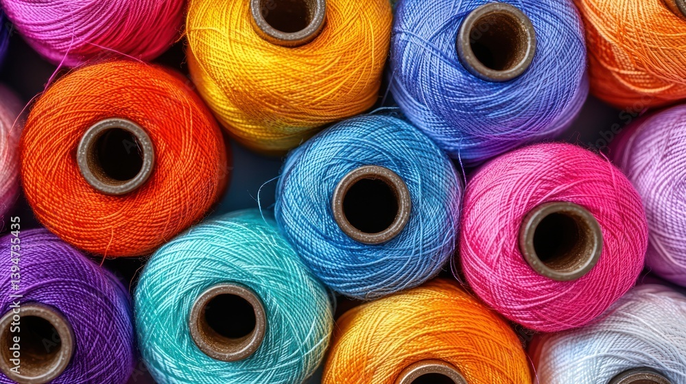 Poster colorful threads spools. bright hues create a vibrant textural pattern