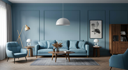 This modern living room showcases a blue color palette with a cozy sofa, elegant armchairs, and warm wooden accents. Soft lighting creates an inviting atmosphere perfect for relaxation