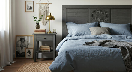 A contemporary bedroom showcases a comfortable bed with soft blue bedding. Elegant decor includes a bedside table and a decorative lamp, creating a cozy atmosphere