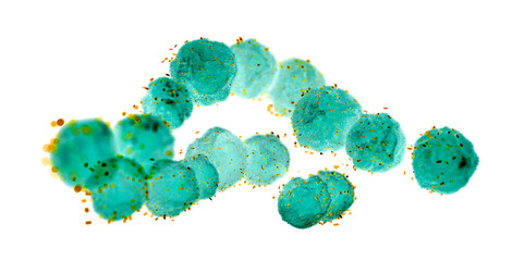 Obelisks (yellow) surrounding a spherical bacteria (Streptococcus), conceptual illustration. Obelisks, a virus-like entity living in the human gut and mouth. 