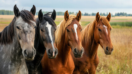 Obraz premium Multi color Crowd of horses standing on meadow in summer time.