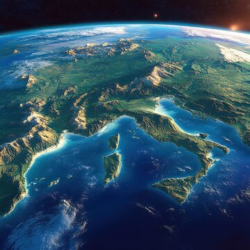 Aerial View of Italy and the Mediterranean Sea from Space in Hyper-Realistic Style