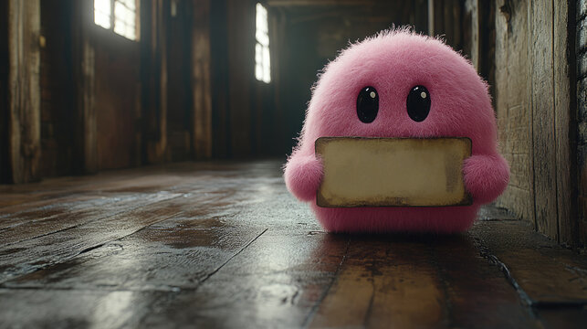 A fluffy pink creature with big eyes holds a mockup of a blank sign in a dimly lit rustic room with wooden floor. Use for children's content, toy adverts and quirky designs.