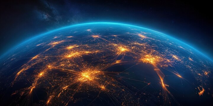 Earth from Space with Luminous Network of Air Routes and City Lights in Cyberpunk Style