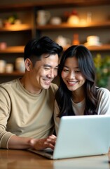 smiling asian couple looking at laptop screen in cozy cafe. technology, lifestyle, casual entertainment. dating, online shopping, young family spending time together. sales and discounts
