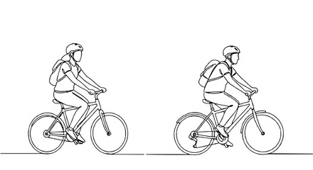 Obraz premium Simple line drawing of two cyclists, black and white, transportation concept against a white background with copy space