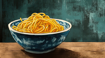 Stylized painting of a blue ceramic bowl filled with golden noodles on a wooden surface. Use for food blogs, restaurant menus, and Asian cuisine websites