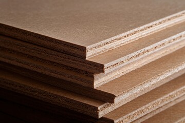 Stacked sheets of light brown composite material.  Close-up view of layered panels with visible wood grain