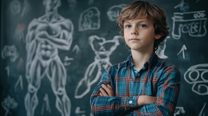 Confident Young Boy with Arms Crossed - A determined young boy stands confidently with arms crossed, against a chalkboard depicting anatomical sketches. Symbolizing: determination, intelligence