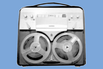 Close up of vintage audio reel tape recorder pixelate grayscale color halftone dotted texture style collage element isolated on blue background