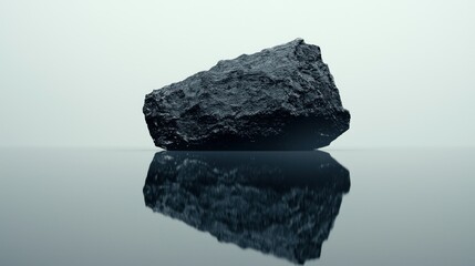 Naklejka premium Dark rock resting, reflecting on glossy surface. Studio shot, minimal