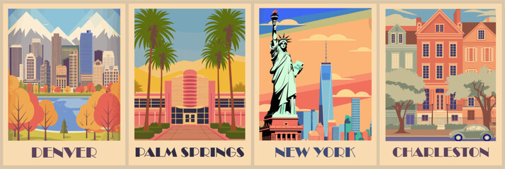 Fototapeta premium Set of USA travel destination posters in retro style. New York, Denver, Palm Springs, Charleston cityscapes. Vintage vector art illustrations