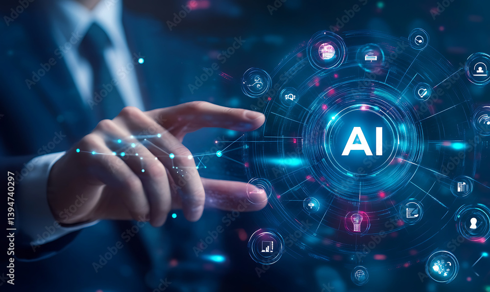 Aufkleber artificial intelligence , business man on the background of the word success , binary code technolog