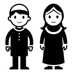 Simple black and white cartoon illustrations of Muslim children, boys and girls, dressed in traditional clothing.