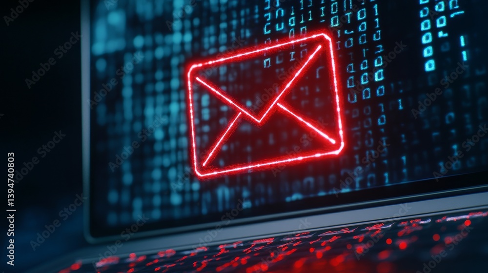 Poster email security risk - red glowing email icon on laptop screen with binary code background, symbolizi