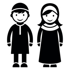 Simple black and white cartoon illustrations of Muslim children, boys and girls, dressed in traditional clothing.