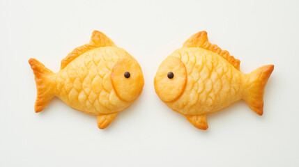 Bread shaped like a fish, red bean buns, desserts
, two goldfish on a white background, bread