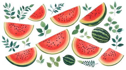 Illustration of watermelon slices and whole watermelons with green leaves on a white background. Use for summer designs, food blogs, and fruit-themed backgrounds.