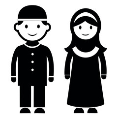 Simple black and white cartoon illustrations of Muslim children, boys and girls, dressed in traditional clothing.