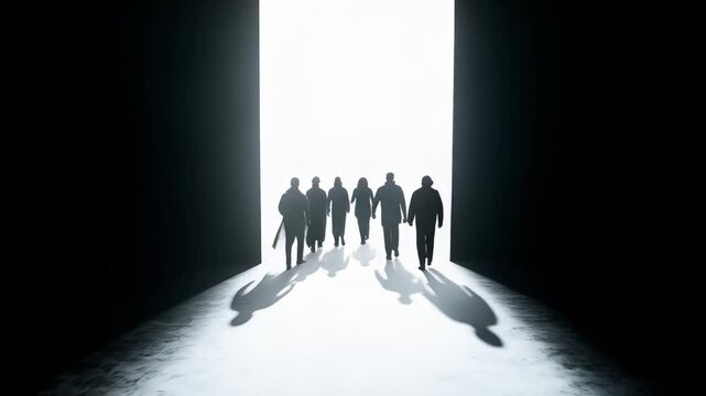 Six figures move steadily towards a bright light emanating from the end of a dark corridor, creating long, dramatic shadows and setting a mysterious atmosphere for their journey