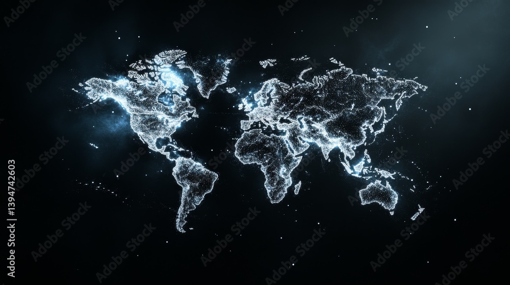 Poster global network connection - abstract glowing world map depicting global connectivity and network inf