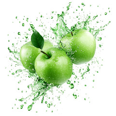 Green apple with water splash on transparent background