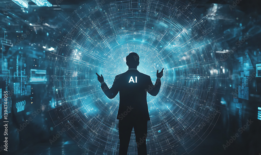 Aufkleber artificial intelligence , business man on the background of the word success , binary code technolog
